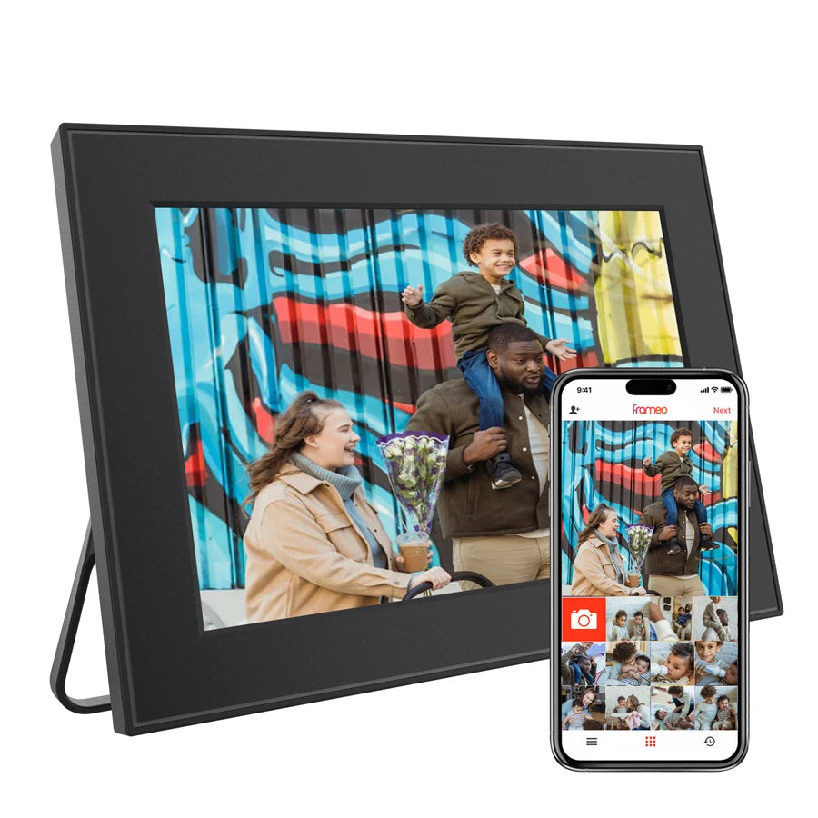 Cadre photo numérique Wi-Fi 10,1 pouces noir avec l'application Frameo sur smartphone