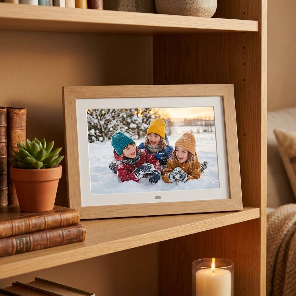 Cadre photo numérique 10,1 pouces en bois avec télécommande
