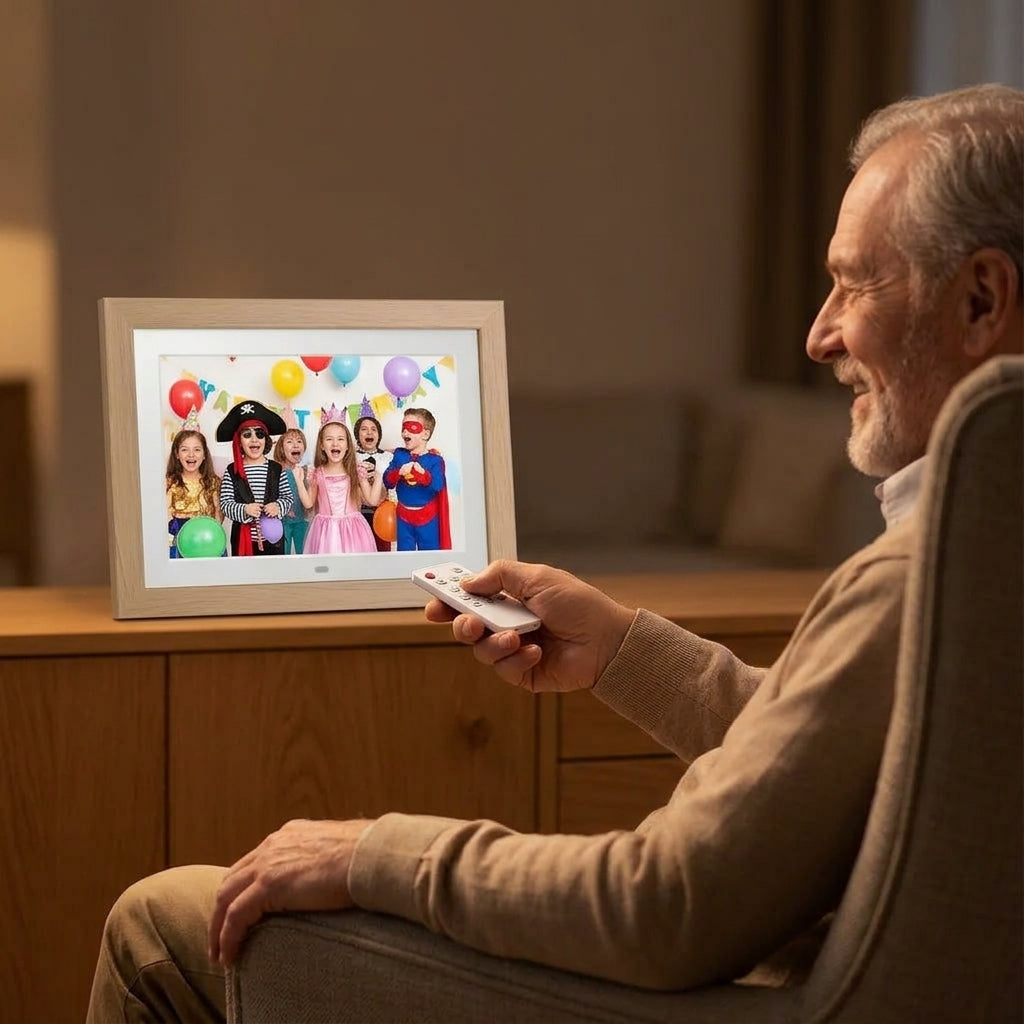 Cadre photo numérique 10,1 pouces en bois avec télécommande