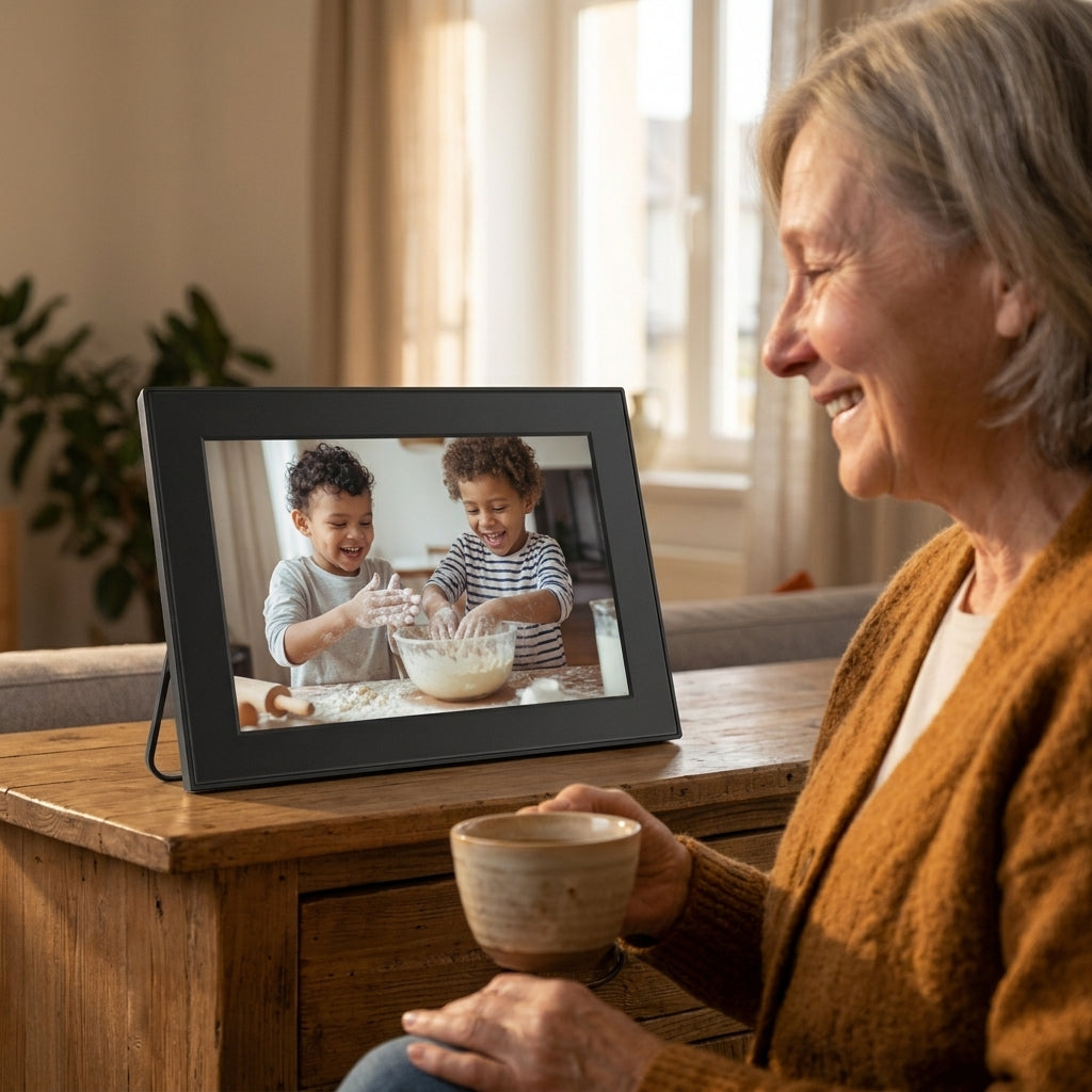 Grand-mère souriante devant le cadre photo numérique qui affiche ses petits-enfants