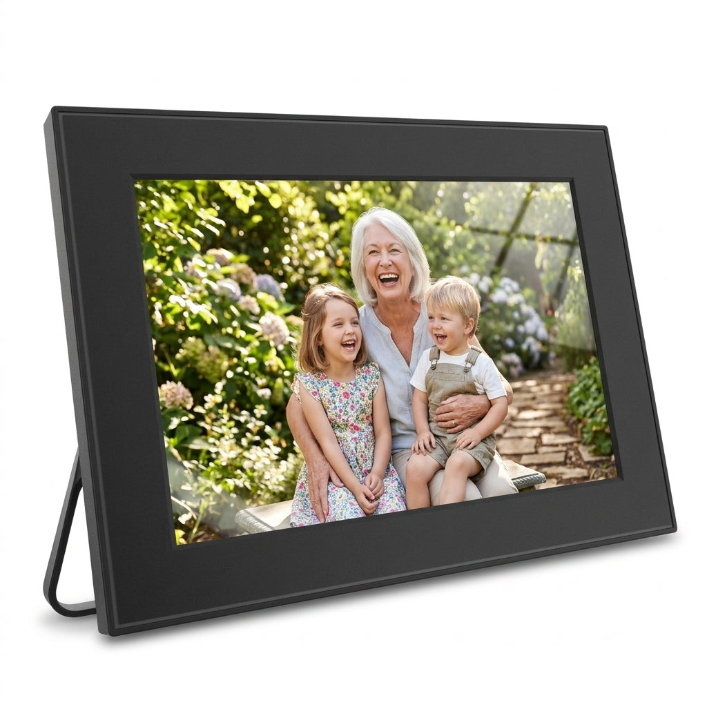 Cadre photo numérique Wi-Fi 10,1 pouces tactile 32 Go noir posé sur son pied