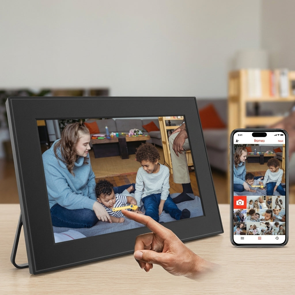 Écran tactile du cadre photo numérique 10,1 pouces et application Frameo sur smartphone