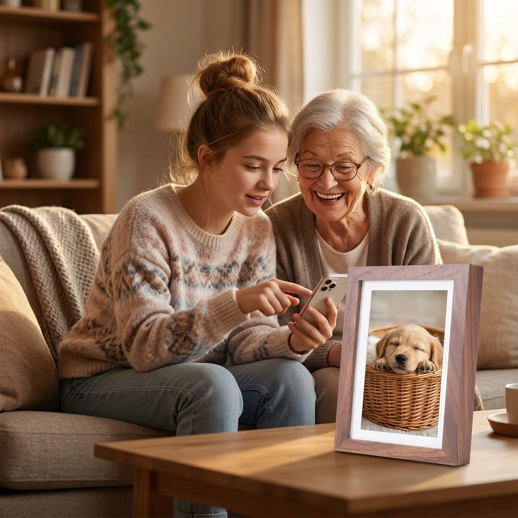 Cadre photo numérique Wi-Fi 7 pouces en bois